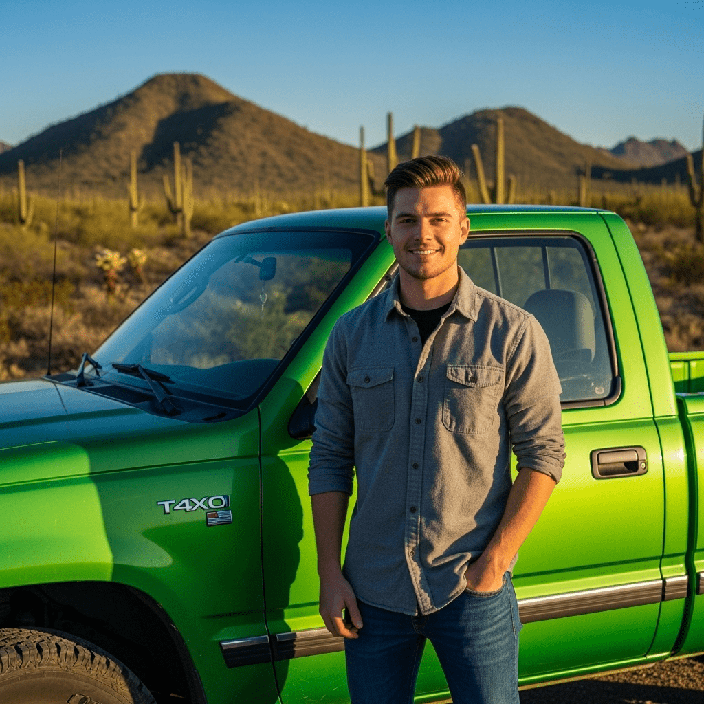 Happy student taking Arizona defensive driving course online in car